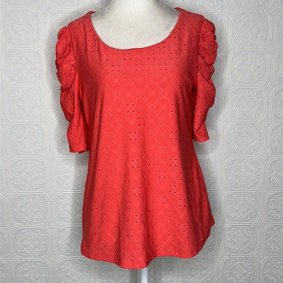 CeCe | Melon Color Eyelet Ruched Sleeve Knit Top - Picture 6 of 9